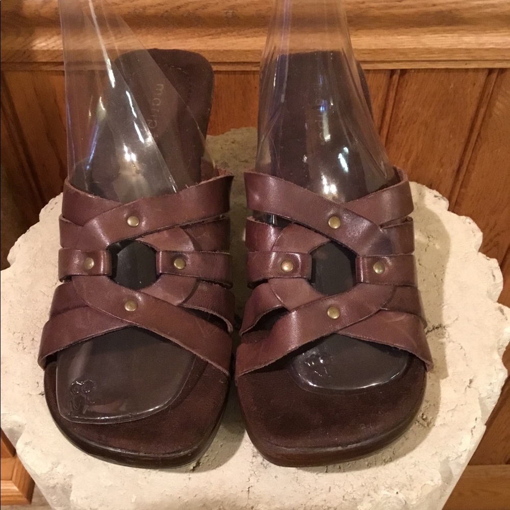 Brown leather and wood slide sandals